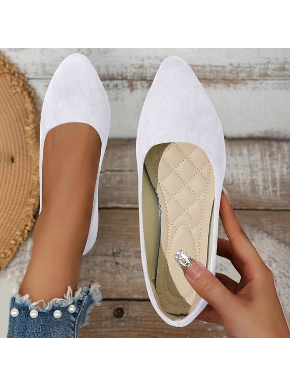Flat Shoes for Women Slip On Comfortable Walking Ballerina Shoes Ladies Cute Ballet Flats Low Wedge Faux Suede Pointed Toe Pumps Shoes White