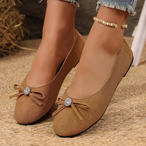 Domzle Flats for Women Bowknot Round Toe Dress Shoes Dressy Ballet Flats Comfortable Lightweight Slip On Shoes for Office Brown US-10
