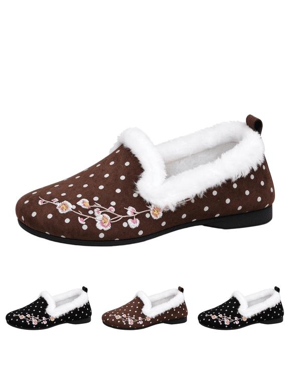 Flats for Women Fleece Lined Closed Round Toe Fuzz Dress Polka Dot Shoes Casual Style, Winter Warmth, Comfortable Fit, Trendy Design