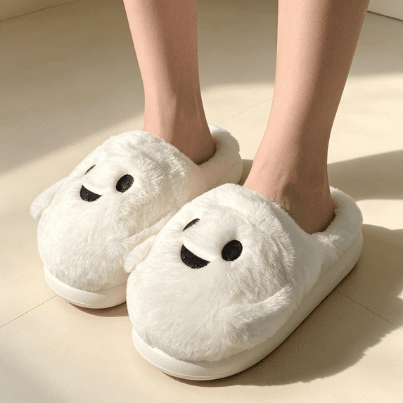 Domzle Fuzzy Halloween Slippers Women Plush Memory Foam Slippers,Bedroom Anti-Skid Sole,House Shoes For Men Women,Indoor Outdoor Casual Shoes White