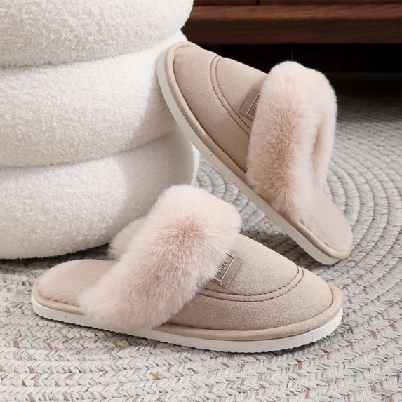 Domzle Fuzzy Memory Foam Slippers With Fluffy Plush Lining for Women Men Suede Non-slip Hard Sole Indoor Outdoor Shoes Camel Wide-6.5