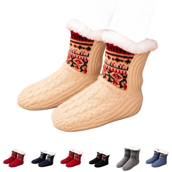 Domzle Fuzzy Slipper Socks Women Winter Warm Gift for Women Soft, Warm & Cozy: Fleece-Lined Indoor Socks with Non-Slip Grippers Offer Fluffy Comfort for Home, House or Cabin Wear Beige