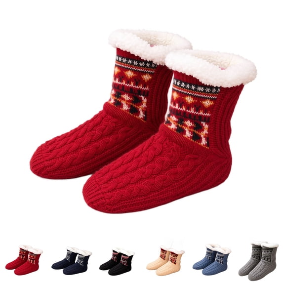 Domzle Fuzzy Slipper Socks Women Winter Warm Gift for Women Soft, Warm & Cozy: Fleece-Lined Indoor Socks with Non-Slip Grippers Offer Fluffy Comfort for Home, House or Cabin Wear Red