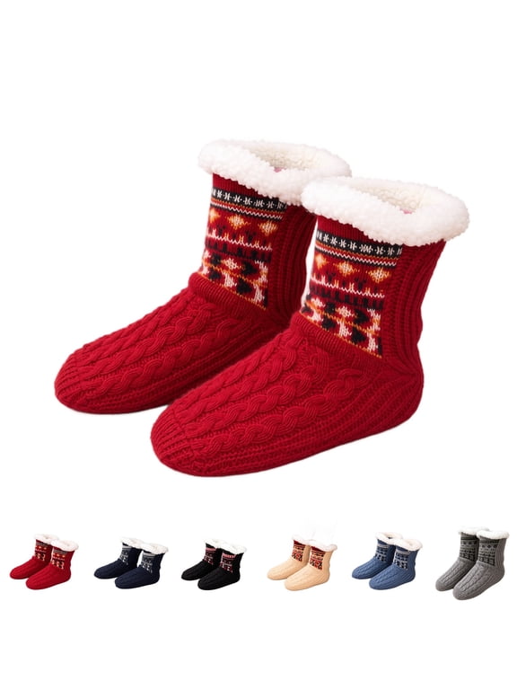 Fuzzy Slipper Socks Women Winter Warm Gift for Women Soft, Warm & Cozy: Fleece-Lined Indoor Socks with Non-Slip Grippers Offer Fluffy Comfort for Home, House or Cabin Wear Red