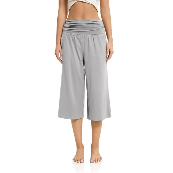 Domzle Gaucho Pants for Women Fold Over Low Rise Wide Leg Yoga Capri Pants Summer Comfy Lounge Culottes Pants Light Gray M