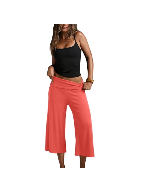 Gaucho Pants for Women Fold Over Wide Leg Yoga Capri Pants Summer Comfy Flowy Lounge Culottes Pants Watermelon Red M