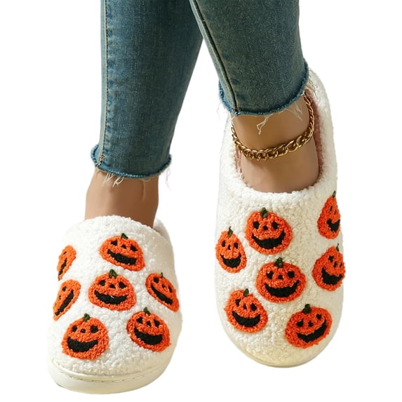 Domzle Halloween Slippers Holiday Slipper House Shoes Home Slipper for Women Fuzzy Outdoor Indoor Bedroom Slippers White