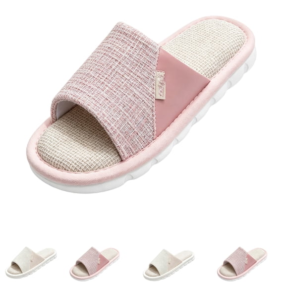 Domzle House Slippers for Women,Warm Cozy Soft Lightweight Slip-On Open Toe Linen Patchwork Slippers with Memory Foam and Indoor Outdoor Soles Pink