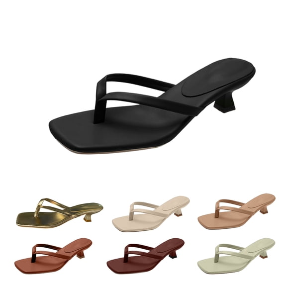 Domzle Kitten Heels for Women, Square Toe Flip Flop Kitten Heel Sandals, Slip-On Dressy Summer Heeled Sandals Gold