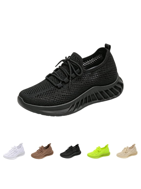 Lightweight Hollow Fly Knit Sneakers Women's Breathable Mesh Upper Adjustable Lace Up Shock Absorbing Soft Platform Sole Non Slip Casual Walking Footwear