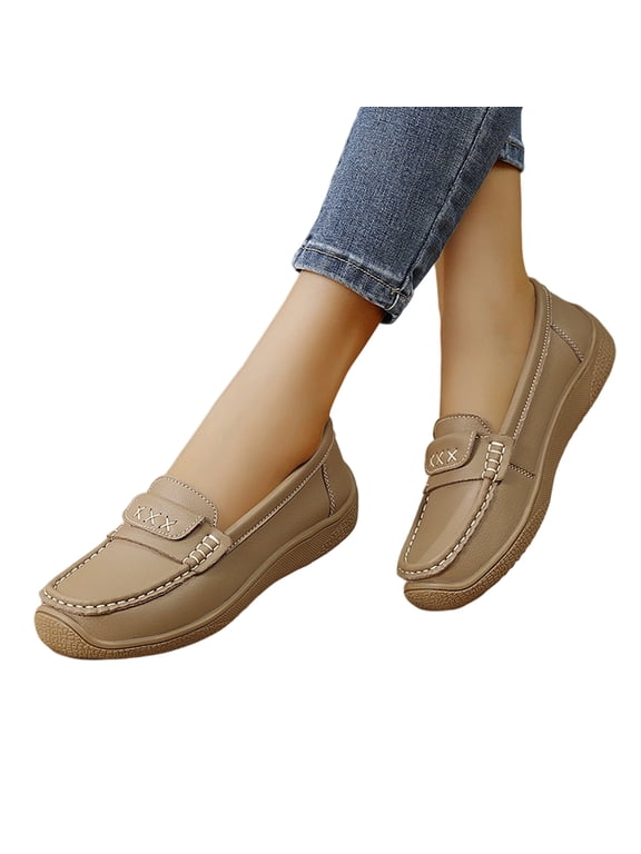 Loafers for Women Penny Loafers Slip On Faux Leather Business Casual | Slip-on low block heel loafers, Walking Flat Khaki Wide-7