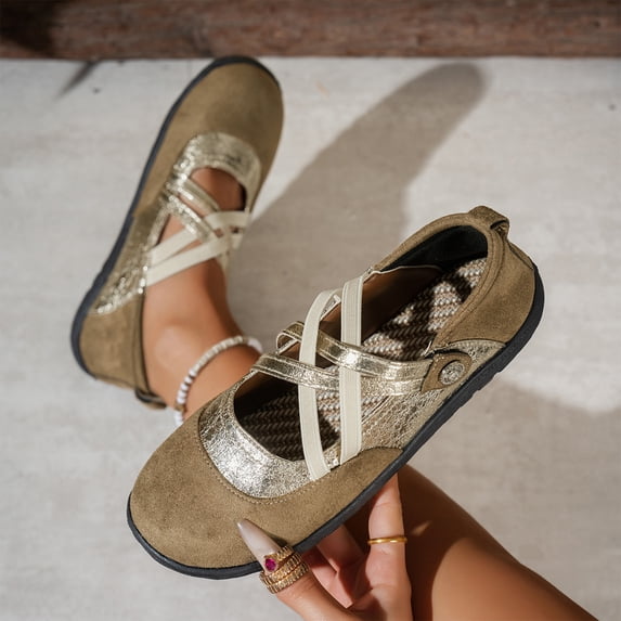 Domzle Mary Jane Sneakers Strap Rounded Toe Walking Lightweight Casual Ballet Flats for Women Gold US-6.5