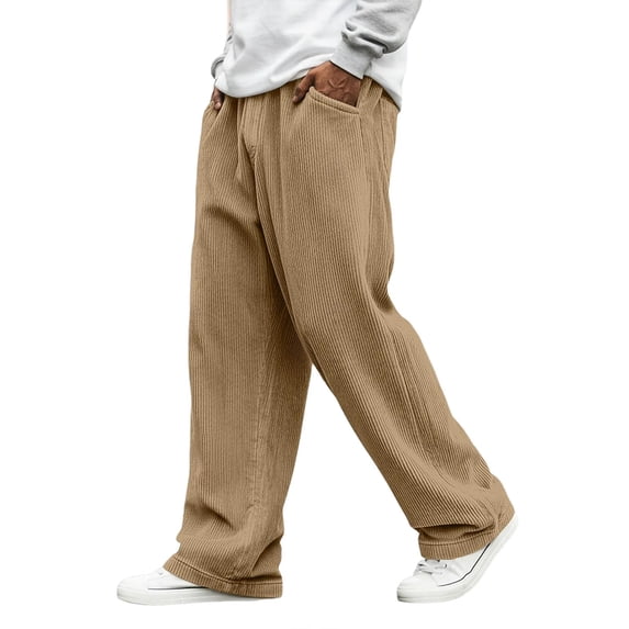 Domzle Men Corduroy Pants Casual Baggy Pants Wide Leg Loose Fit Joggers Sweatpants Elastic Waist Drawstring with Pockets Khaki S Sweatpants