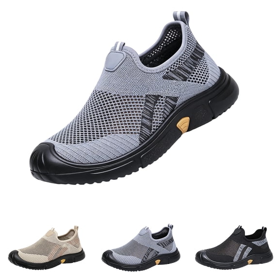 Domzle Men's Breathable Mesh Sneakers | Slip-On Athletic Shoes | Lightweight Casual Sports Style with Rubber Sole Khaki Wide 9