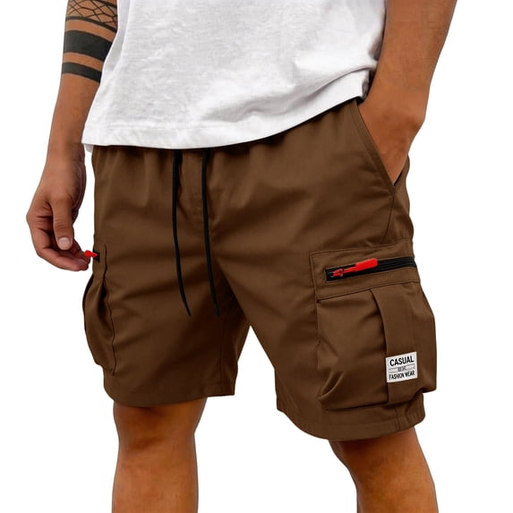 Domzle Men's Casual Cargo Shorts Drawstring Elastic Waist Shorts Summer Cotton Chino Work Shorts with Zipper Pockets Brown L