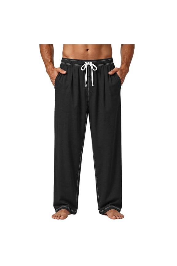 Men's Lightweight Pajama Pants Soft Lounge Sleep Joggers Adjustable Drawstring & Pockets All-Season Sleepwear Black L