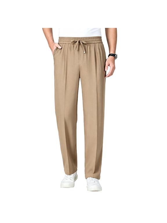 Men's Pull On Ice Silk Comfort Everyday Drawstring Pants - Comfy Stretch Breathable Pants with Pockets for Men Over 50 Camel L