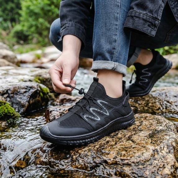 Domzle Men's Water Shoes, Lightweight Quick-Dry Hiking Beach Sports Shoes for Swimming, Fishing Black Wide 7.5