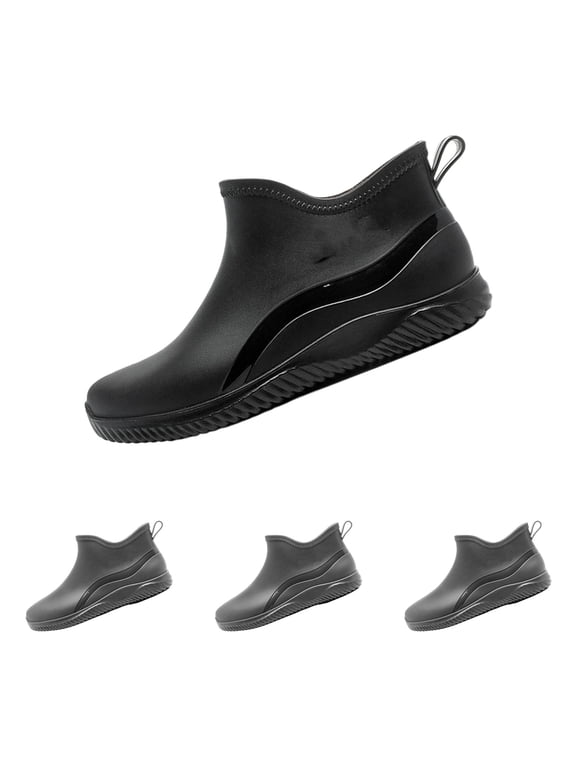 Men's Waterproof Slip-On Rain Shoes Flat Non-Slip Outdoor Mud Garden Shoes Waterproof Rubber Upper, Cushioned Deep Tread Anti-slip Sole, Rain Shoes for Yard Wet Work & Walking
