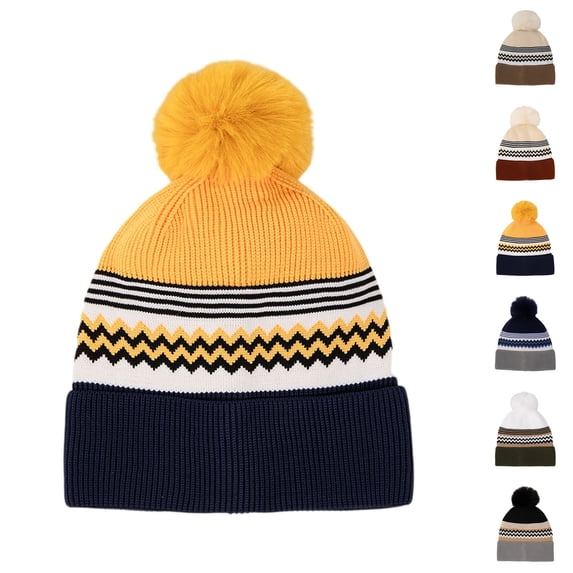 Domzle Men's and Women's Color Block Beanie with Faux Fur Pom Large Sized Modern Winter Fashion Stretch Knitted Hat Dark Blue
