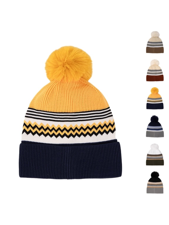 Men's and Women's Color Block Beanie with Faux Fur Pom Large Sized Modern Winter Fashion Stretch Knitted Hat Dark Blue