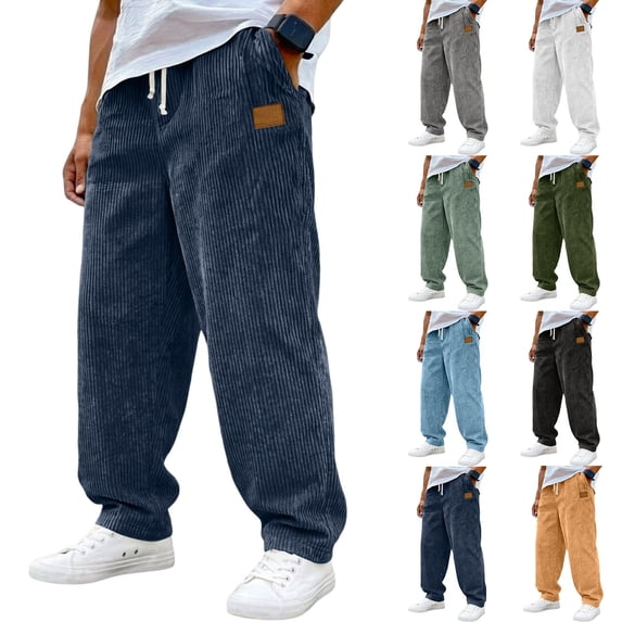 Domzle Mens Corduroy Pants Casual Baggy Pants Wide Leg Loose Fit Joggers Sweatpants Elastic Waist Drawstring with Pockets White 3XL Sweatpants