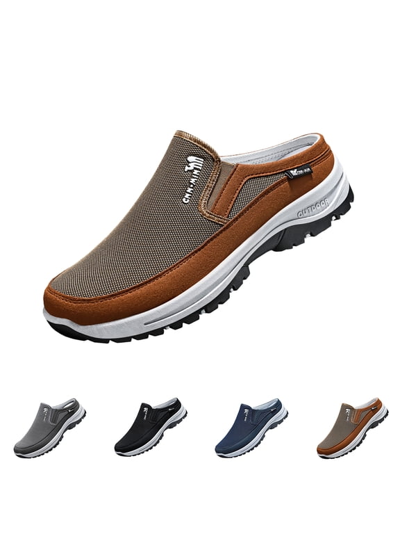 Mens Slippers with Arch Support Casual Mules Clog Open Back Shoes Comfort Slip-On Walking Loafer Indoor Outdoor House Shoes Brown