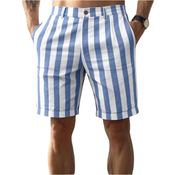 Domzle Mens Striped Casual Shorts Summer Beach Elastic Button Waist Dress Shorts with Pockets Sky Blue 2XL