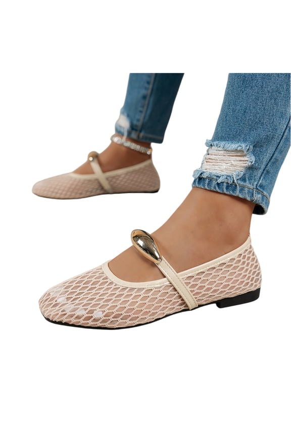 Mesh Mary Jane Flats for Women Jelly Mesh Ballet Flats Clear Hollow Sandals Slip on House Slippers Dressy Ballerina Shoes Low Top Metal Buckle Lightweight Breathable Summer Beach Beige