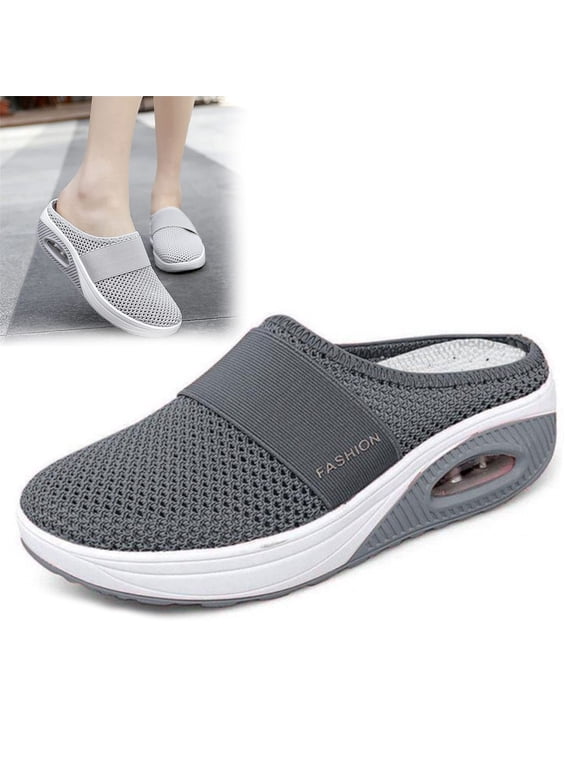 Mules for Women 2026 Backless Walking Sneakers Summer Slip-On Mule Shoes Mesh Cushion Orthopedic Shoes with Arch-Support Open Back Slip On Shoes Breathable Slippers Toe Slides Dark Gray 35