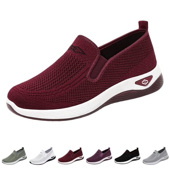 Domzle Orthopedic Loafer Sneakers for Women Wide Width Lightweight Slip-On Walk Sneaker with Arch Support for Casual Work Breathable Toe Mesh Knitted Walking Shoes for Summer Wine
