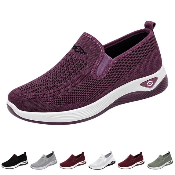 Domzle Orthopedic Loafer Sneakers for Women Wide Width Lightweight Slip-On Walk Sneaker with Arch Support for Casual Work Breathable Toe Mesh Knitted Walking Shoes for Summer Vermilion