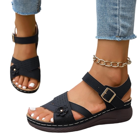 Domzle Orthopedic Sandals for Women, 2026 Open Toe Ankle Strap Casual Shoes, Summer Dressy Strappy Wedge with Arch Support, Wide Width Platform Sandals, Comfortable Walking Beach Flat Sandals Black