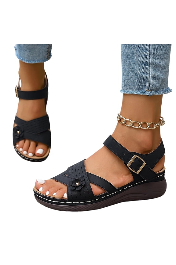 Orthopedic Sandals for Women, 2026 Open Toe Ankle Strap Casual Shoes, Summer Dressy Strappy Wedge with Arch Support, Wide Width Platform Sandals, Comfortable Walking Beach Flat Sandals Black