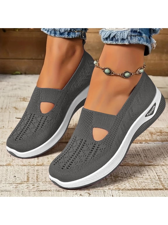 Orthopedic Shoes for Women 2026 Wide Width Breathable Knit Slip On Walking Sneakers with Arch Support Comfortable Lightweight Non Slip Casual Work Shoes Dark Gray 43