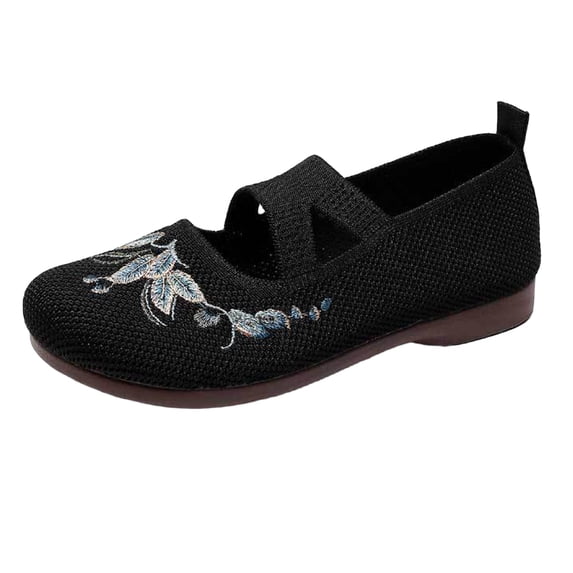 Domzle Orthopedic Shoes for Women Wide Width Butterfly Embroidered Slip On Knitting Flat Loafers Walking Shoes Soft Breathable Lightweight Mesh Sneakers with Arch Support Black 40