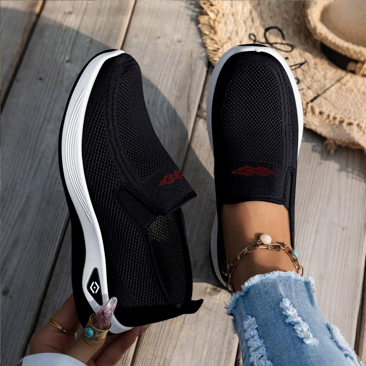 Orthopedic Shoes for Women, Women Wide Width Breathable Walking Slip on Sneakers, Lightweight Arch Support Slip on Shoes, Orthopedic Breathable Non Slip Shoe Black 9 Wide