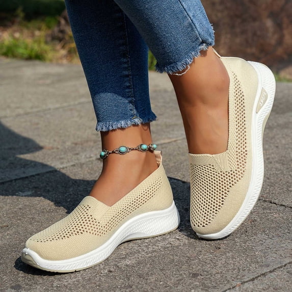 Domzle Orthopedic Shoes for Women Slip-On Flats Wide Toe Box Casual Sneakers Walking Shoes Non Slip All Season Khaki 39