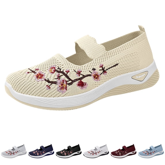 Domzle Shoes for Women Breathable Wide Width Walking Shoes Casual Soft Walking Sneaker Non Slip Arch Support Slip on Shoes Beige 6.5