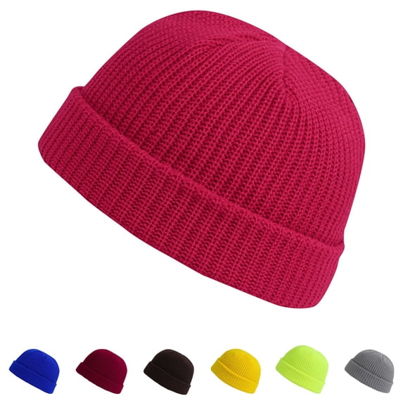 Domzle Short Fisherman Beanie for Men Women Warm Winter Hats Knit Cuffed Beanies Skull Cap Acrylic Watch Hat Hot Pink