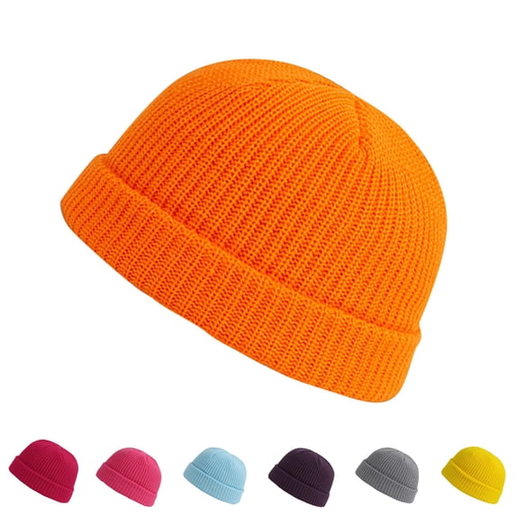 Domzle Short Fisherman Beanie for Men Women Warm Winter Hats Knit Cuffed Beanies Skull Cap Acrylic Watch Hat Orange