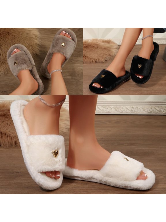 Slippers for Women Open Toe House with Heart Printed Fuzz shoes Indoor Use, Bedroom Slippers, Comfy Fit, Women's Footwear, Open Toe Design