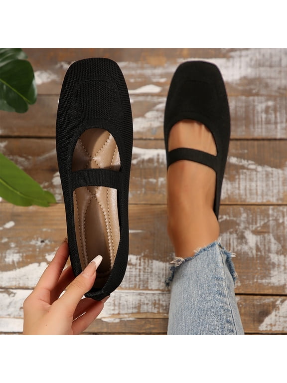 Square Toe Ballet Flats for Women Comfy Knitted Mary Jane Flats Dressy Slip On Mary Jane Flat Shoes with Strap Work Office Black