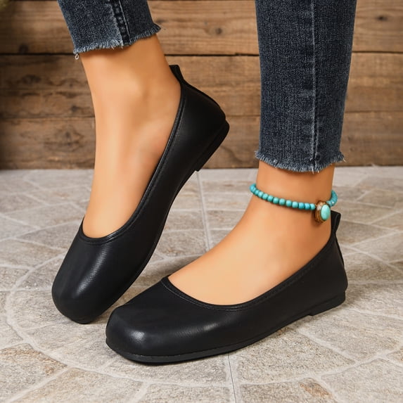 Domzle Walker Women's Flats Faux Leather Lightweight Square Toe Ballet Flats Comfortable Casual Flat Shoes Black US-9