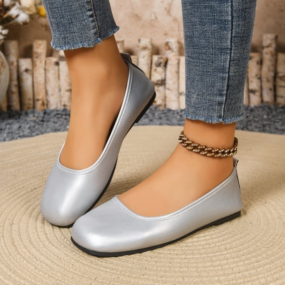Domzle Walker Women's Flats Faux Leather Lightweight Square Toe Ballet Flats Comfortable Casual Flat Shoes Silver US-7.5