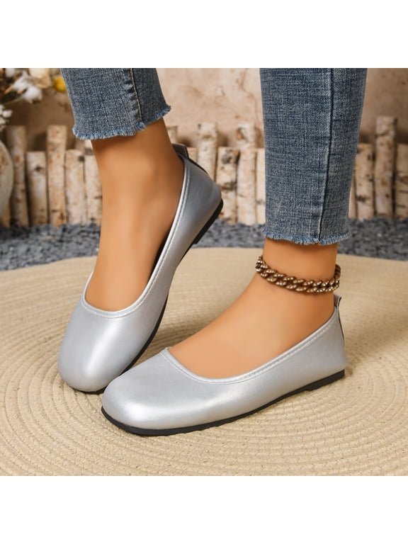 Walker Women's Flats Faux Leather Lightweight Square Toe Ballet Flats Comfortable Casual Flat Shoes Silver US-9