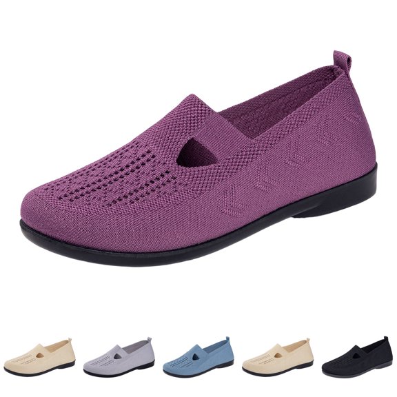 Domzle Walking Shoes for Women Wide Width Breathable Knitted Mesh Slip on Loafers Sneakers Arch Support Comfortable Non Slip Foam Sports Walking Shoes Purple US-10
