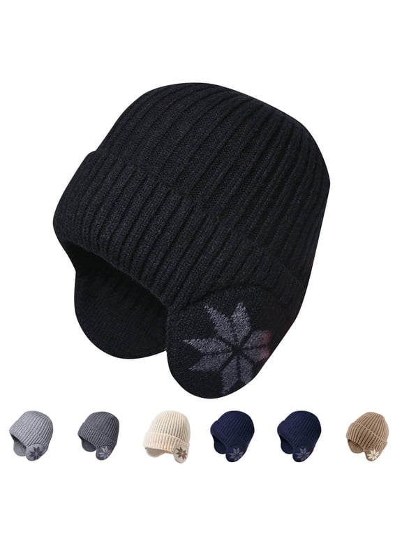 Winter Fleece Line Beanie Knit Hats with Ear Flaps for Men Women,Warm Thermal Stocking Caps for Outdoor Cold Weather Black