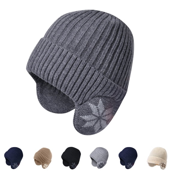 Domzle Winter Fleece Line Beanie Knit Hats with Ear Flaps for Men Women,Warm Thermal Stocking Caps for Outdoor Cold Weather Dark Gray