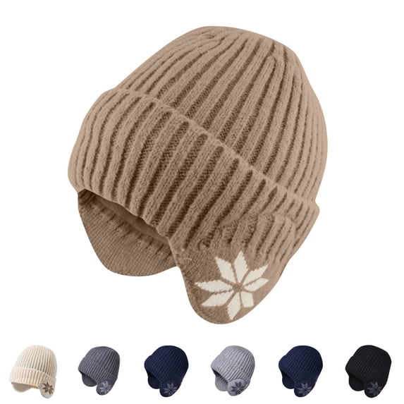Domzle Winter Fleece Line Beanie Knit Hats with Ear Flaps for Men Women,Warm Thermal Stocking Caps for Outdoor Cold Weather Khaki